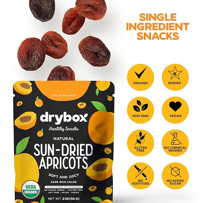 Drybox Unsulfured Sun Dried Turkish Apricots 12 Lunch Packs, Unsweetened No Sugar Added, Non-GMO