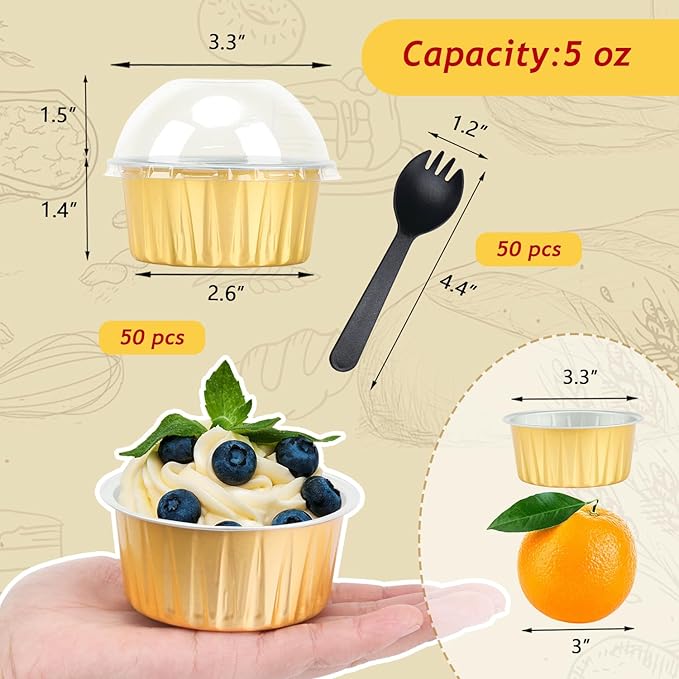 Aluminum Cupcake Liners with Dome Lids 50 Pack,Free-Air 5oz Foil Baking Cups Muffin Tins,Disposable