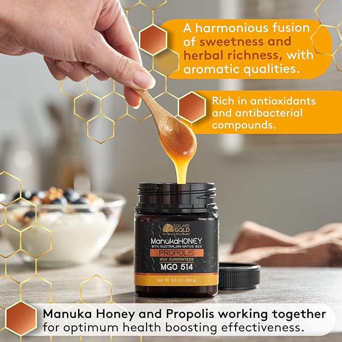 Nature’s Gold Raw Manuka Honey with Australian Native Bee Propolis, MGO 514+ | 8.8oz (250g), 100%