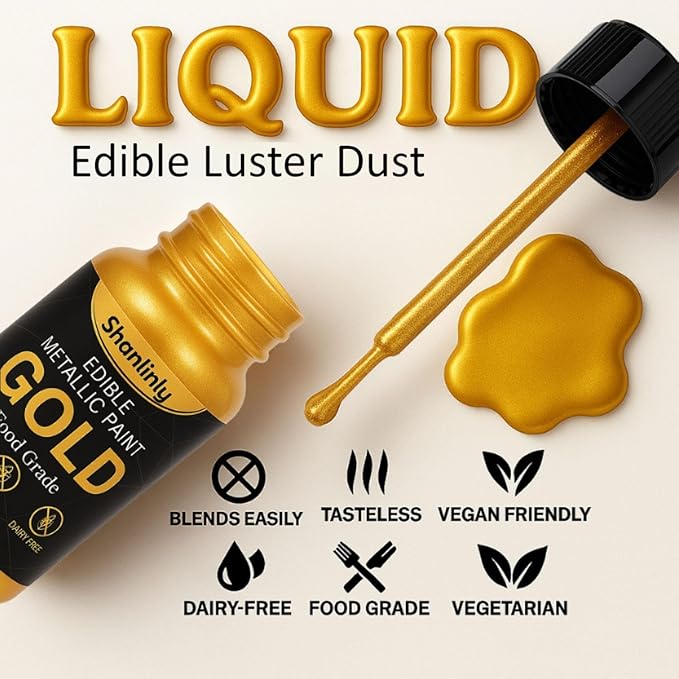 Shanlinly Gold Edible Luster Dust - 30ml Liquid Edible Cake Paint Gold Metallic Food Coloring