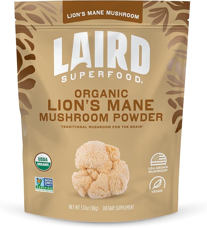 Laird Superfood Organic Lions Mane Mushroom Powder for Cognitive Function and Immune Support, 3.17