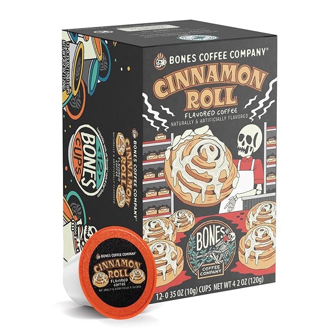 Bones Coffee Company Cinnamon Roll Flavored Coffee Pods, Low Acid Medium Roast Single-Serve Bones