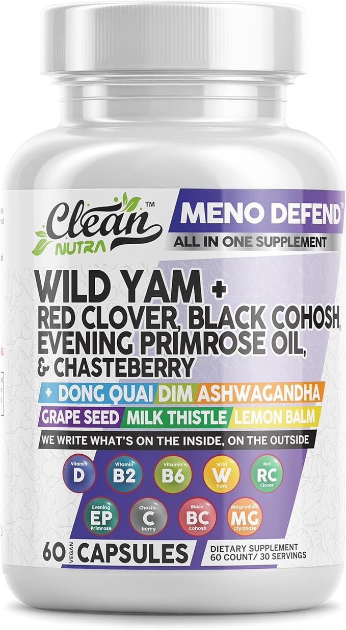Clean Nutra Wild Yam Root Capsules with Red Clover Black Cohosh Evening Primrose Oil Chasteberry
