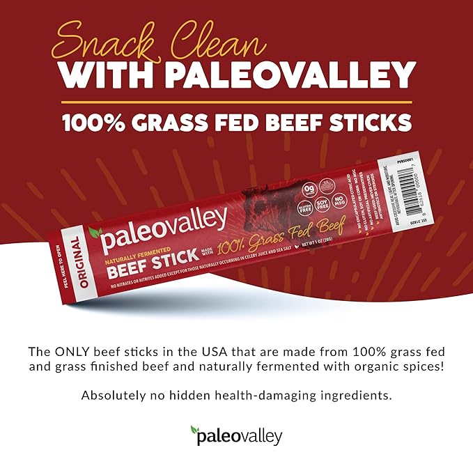 Paleovalley 100% Grass Fed Original Beef Sticks - Delicious Gluten Free Beef Snack - High Protein