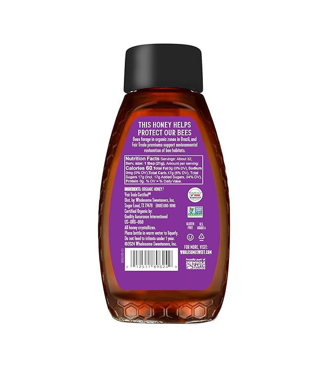 Wholesome Sweeteners 24-Ounce Organic Raw Unfiltered Honey Bottle, 100% Pure, Fair Trade Certified