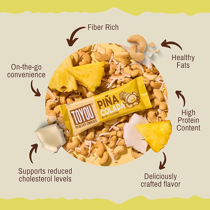 ToYou Chewy Fruit and Nut Bars - Healthy Protein Snacks | Piña Colada - 1.41 Ounce (Pack of 12) |