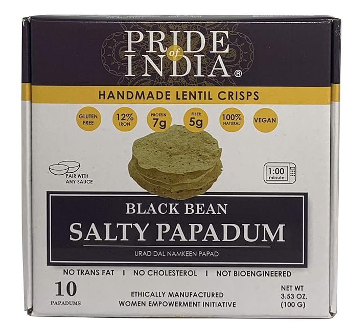 Pride Of India - Salty Black Bean Namkeen Papadum Lentil Crisp - 10 count (3.53oz - 100gm) - Lentil