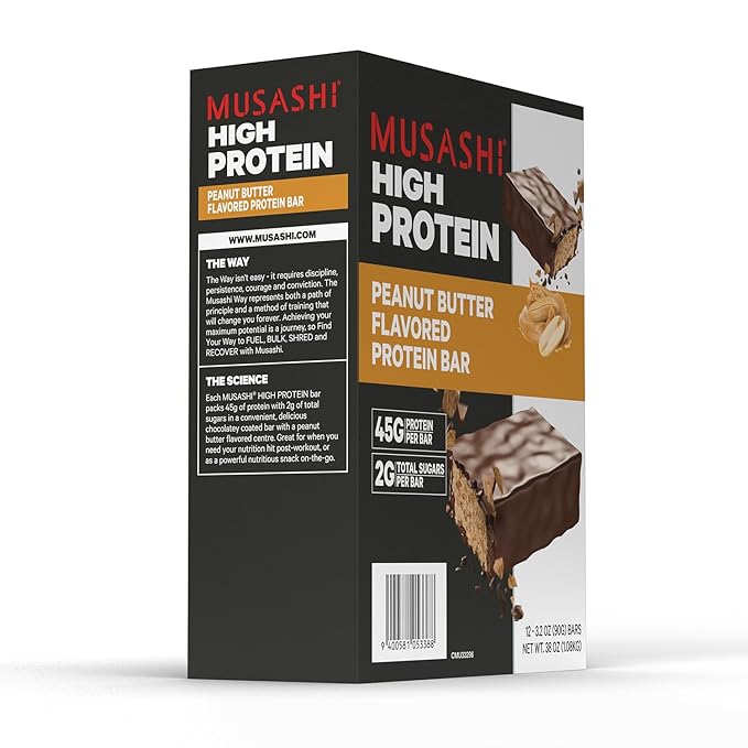 MUSASHI High Protein Bar, 45g Protein, 2g Total Sugars, Peanut Butter & Milk Chocolate Coated, Post