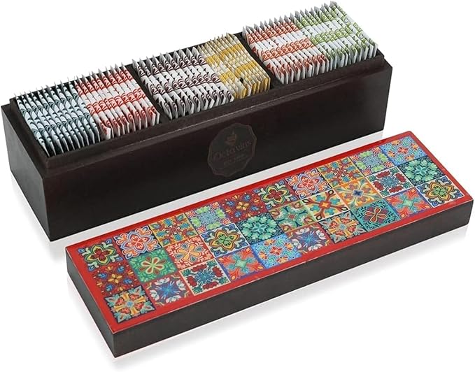 Octavius - Assorted Tea Variety Pack in Tile Motif Design Wooden Box | 6 Flavors, 60 Tea Bags |