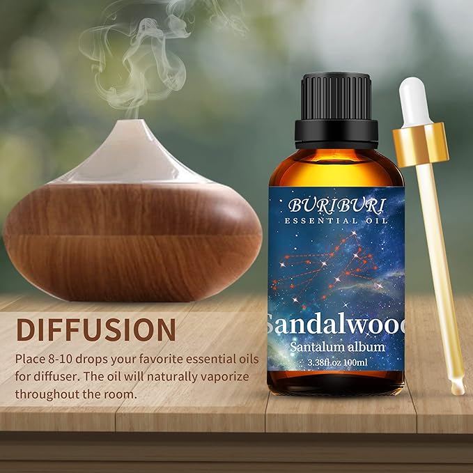 BURIBURI 100ML Sandalwood Essential Oil, 100% Pure Undiluted Aromatherapy Sandalwood Oil 3.38fl.oz