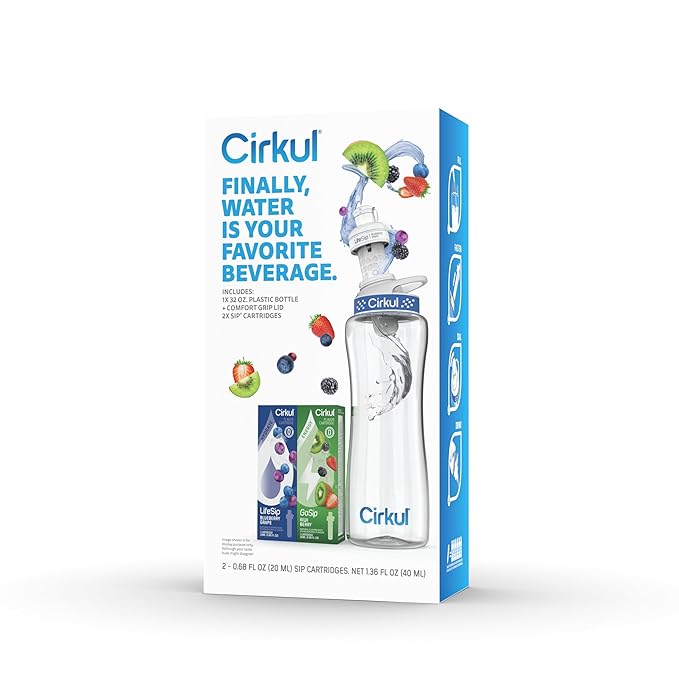 Cirkul 32oz. BPA-Free Plastic Water Bottle Starter Kit with Navy Lid, 2 Flavor Cartridges (1