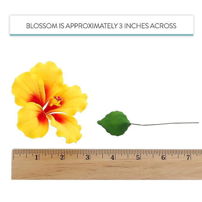Global Sugar Art Hibiscus Sugar Cake Flowers, Yellow with Red, 3 Count with Leaves by Chef Alan