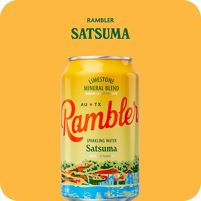AUTX RAMBLER Sparkling Water, Texas Limestone Mineral Blend, Satsuma Flavor, 12-Ounce Cans, 12-Pack