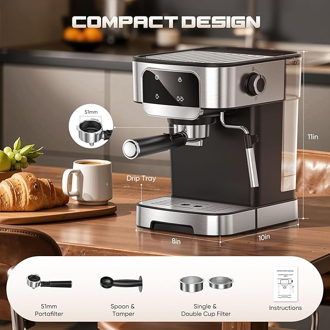 Espresso Machine 20 Bar, Professional Espresso Maker with Power Milk Frother，Compact Espresso