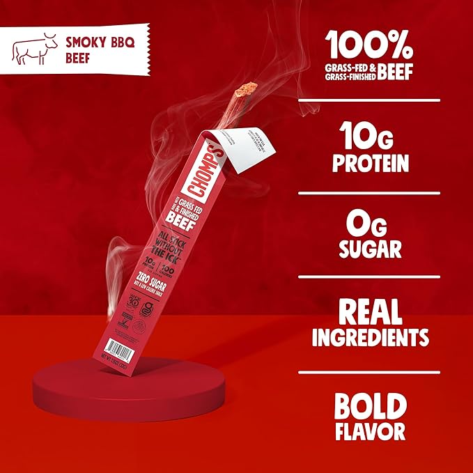 Chomps Grass-Fed and Finished Smoky BBQ Beef Jerky Snack Sticks 10-Pack - Keto, Paleo, Whole30, 10g
