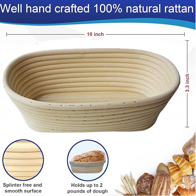 10 Inch Oval Bread Banneton Proofing Basket Set of 2, Sourdough Proofing Basket kit for Artisanal