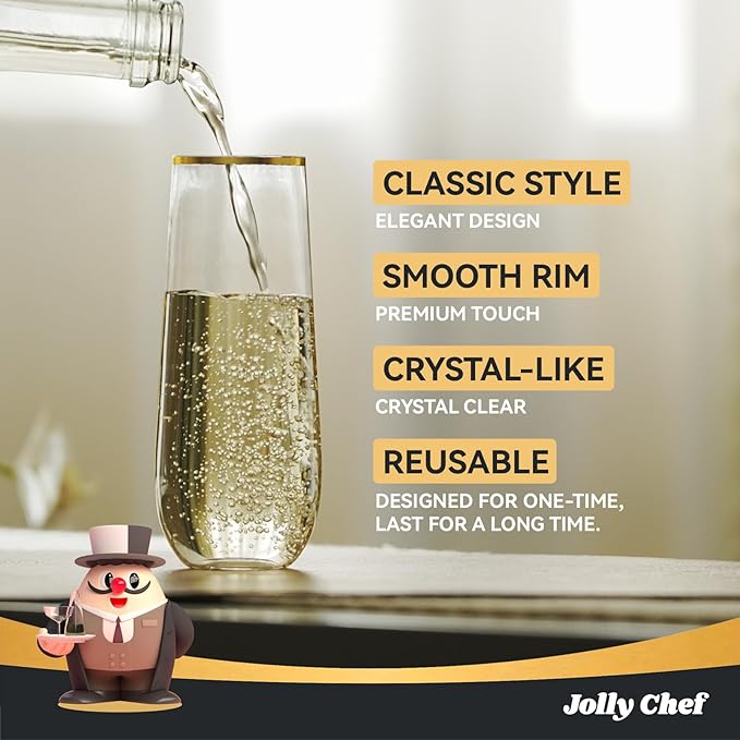 JOLLY CHEF 48 Pack Plastic Champagne Flutes, 9 oz Clear Stemless Champagne Flutes, Plastic
