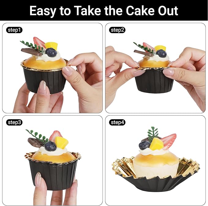 EUSOAR Foil Cupcake Liners, 3.5oz 50pcs Black Gold Disposable Mini Muffin Liners, Individual