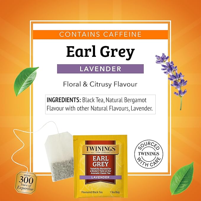Twinings Earl Grey Lavender Black Tea Individually Wrapped Bags, 20 Count (Pack of 6), Citrus