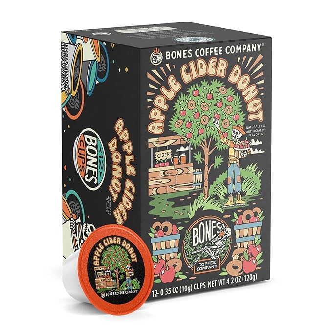 Bones Coffee Company Apple Cider Donut Flavored Coffee Pods, Low Acid Medium Roast Single-Serve