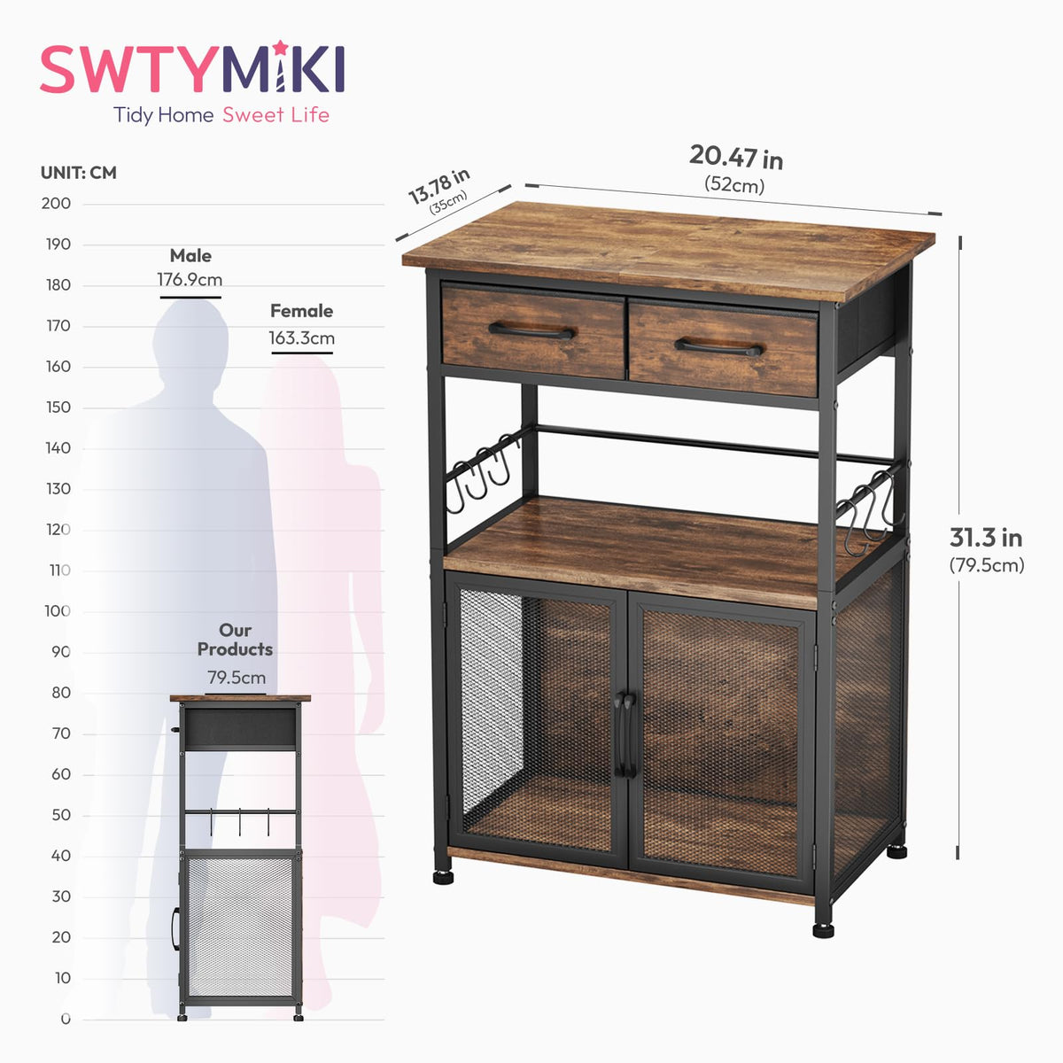 SWTYMIKI Coffee Bar Cabinet with Drawer - Coffee Stand Station with Removable Hooks, Buffet Cabinet
