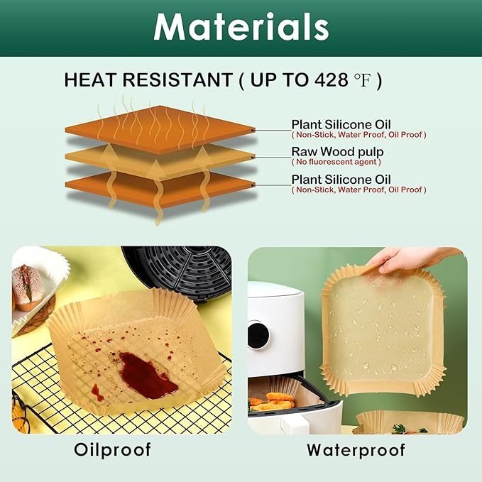 250 Pcs 8" Square Air Fryer Liners Disposable, Unbleached Parchment Paper Liners for Airfryer