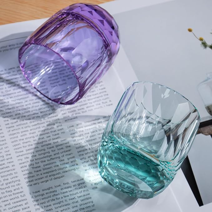 KAMMAK Crystal Whiskey Glasses Set of 2, 7oz Old Fashioned Glasses Stemless, Hand Blown Colored