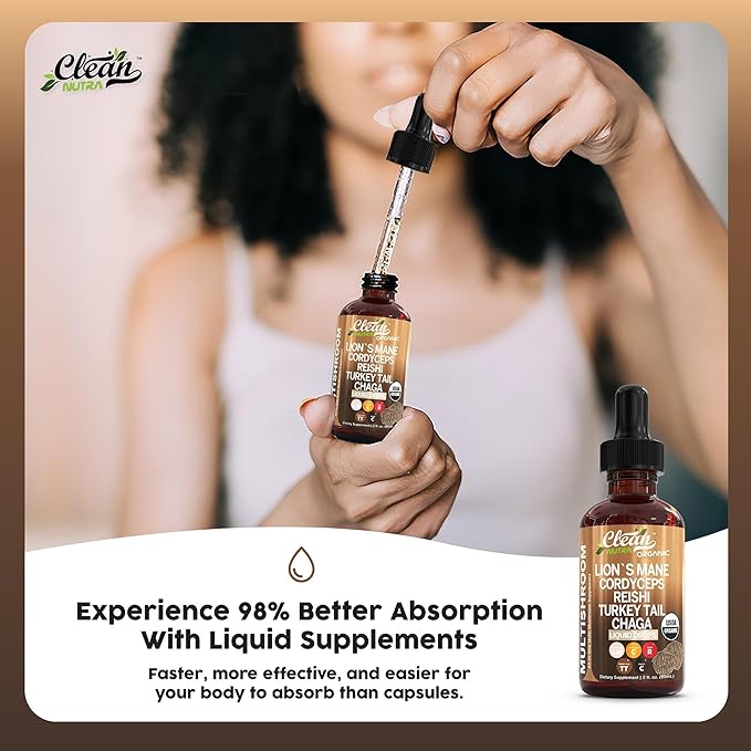 Organic Mushroom Supplement Liquid Drops with Lions Mane Turkey Tail Cordyceps Reishi Chaga Shitake