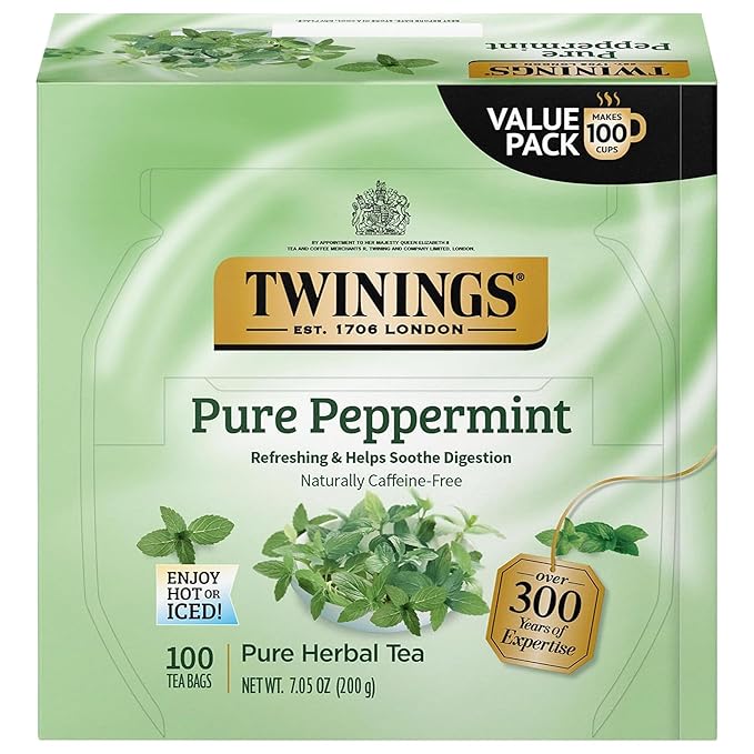 Twinings Pure Peppermint Herbal Tea Individually Wrapped Bags, 100 Count (Pack of 1), Fresh Minty