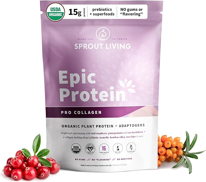 Sprout Living Epic Protein, Plant Based Protein & Superfoods Powder, Pro Collagen, Berry | 15 Grams