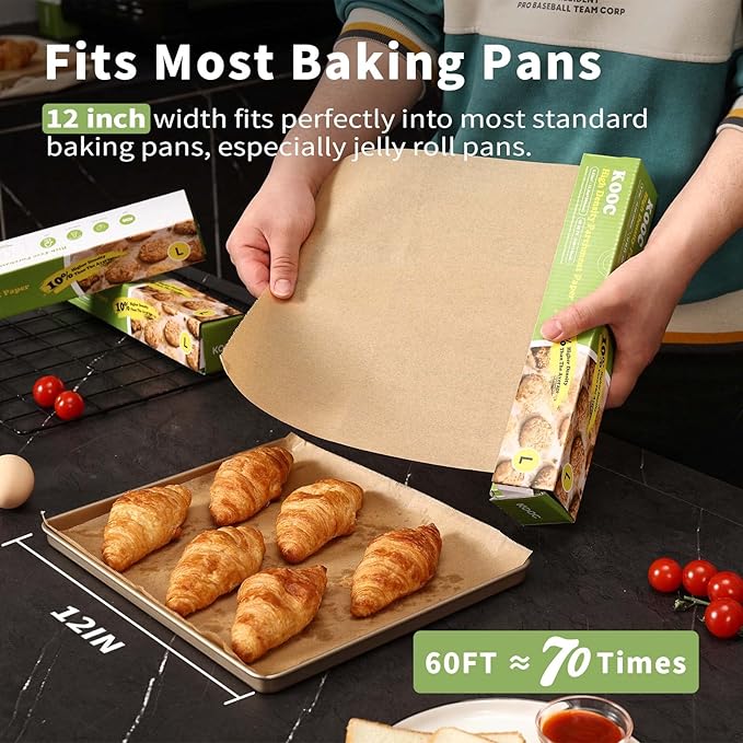 KOOC Premium 60-Feet Parchment Paper Roll - 12-Inch Width, Non-Stick, Unbleached Baking Paper