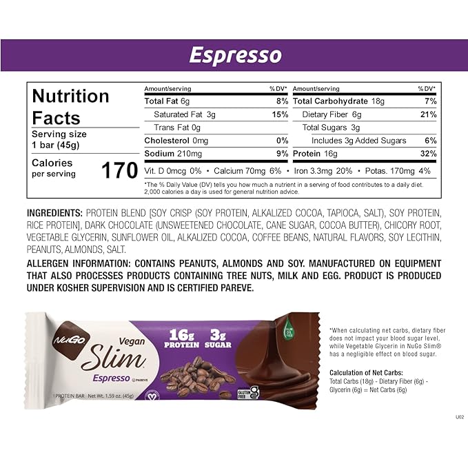 Nugo Slim Dark Chocolate Espresso, 16g Vegan Protein, 3g Sugar, 7g Fiber, Low Net Carb, Keto