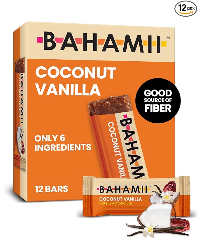 Bahamii Almond Nut & Date Bars - Coconut Vanilla, 12 Pack, Only 6 Ingredients, Soft & Delicious