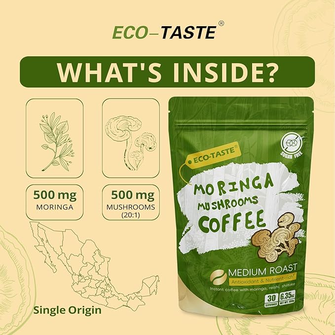 Moringa Mushroom Coffee Infused with Reishi, Moringa & Shiitake - 30% Beta-Glucans, Nutrient-rich