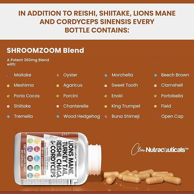 Clean Nutraceuticals Lions Mane 20in1 Mushroom Supplement with Turkey Tail Reishi Cordyceps Chaga