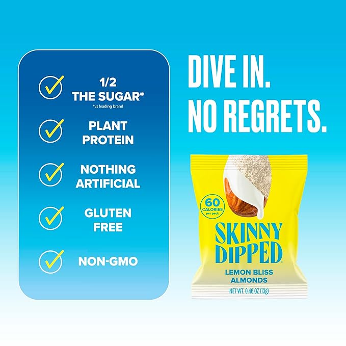 SkinnyDipped Lemon Bliss Almonds, Mini Snack Packs, Chocolate Covered Almonds, Low Sugar, Gluten