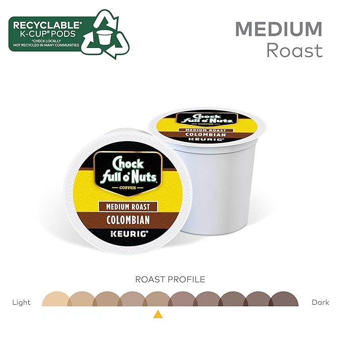 Chock Full o'Nuts Colombian Coffee, Compatible with K-Cup Pods, 12 CT (Pack of 6)