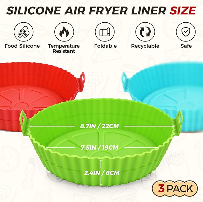 3 Pack Air Fryer Silicone Liners for 5 QT or Bigger, Reusable Food Grade Silicone Airfryer Liners