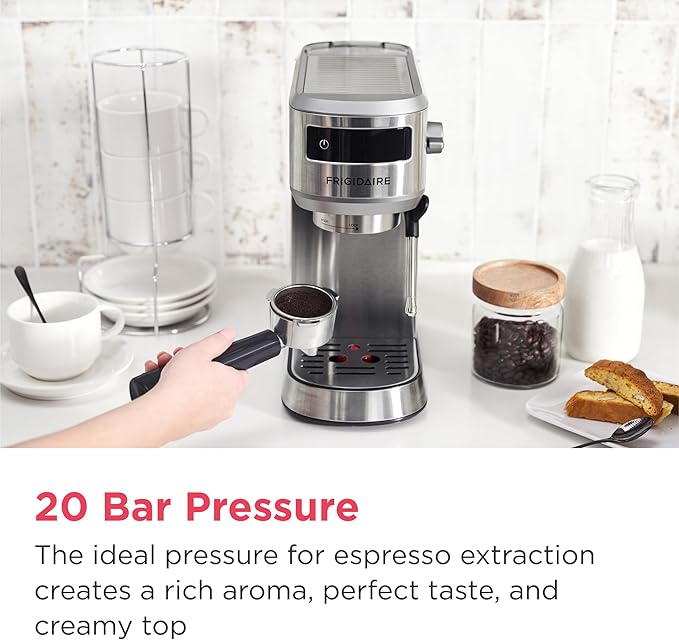 Frigidaire Steam Espresso Maker, Coffee Machine with Milk Frother & Cup Warmer, 20 Bar Pressure, 34