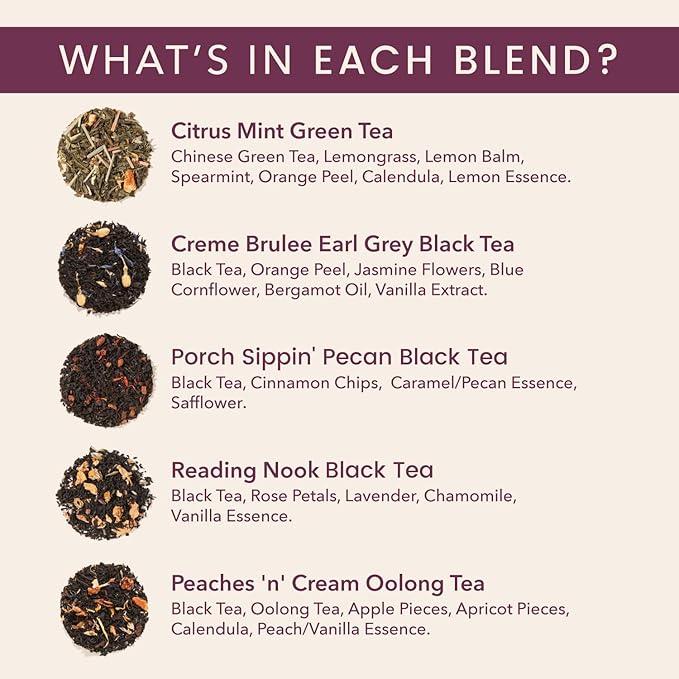 Loose Leaf Tea Sampler – 5 Caffeinated Blends Including Creme Brulee Earl Grey, Peach Oolong