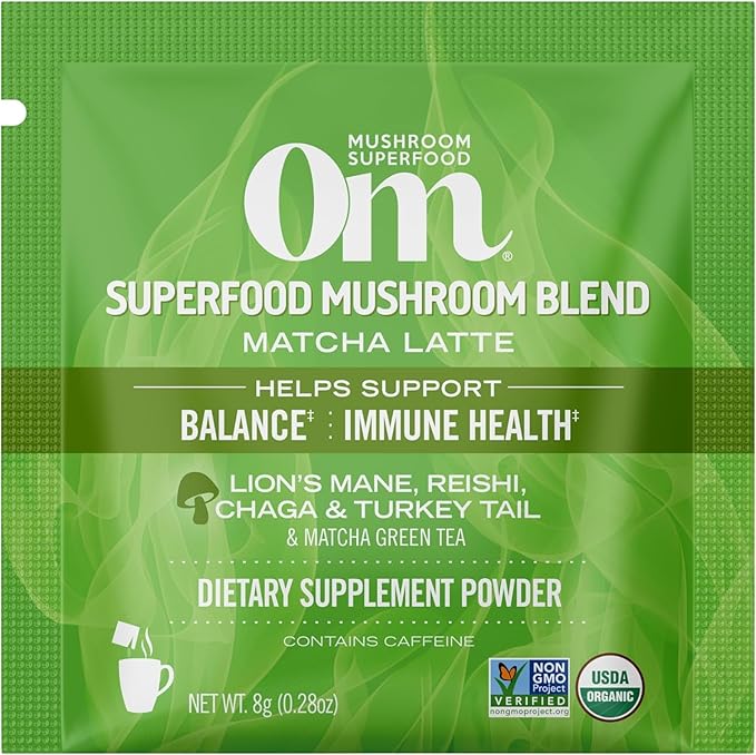 OM MUSHROOM SUPERFOOD Matcha Latte Blend Mushroom Powder, Single Serve, 10 Count, Green Tea, Lion's