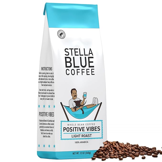 Stella Blue Whole Bean Coffee, Positive Vibes Blend, Light Roast, Vanilla and Fruity Notes, 100%