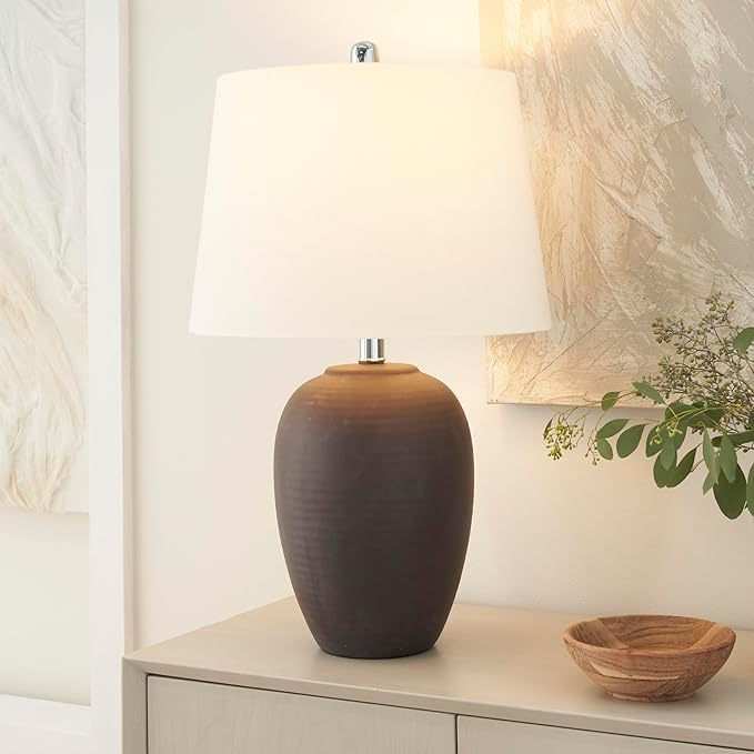 Nourison Home 23" Dark Purple Distressed Ceramic Pot Table Lamp for Bedroom, Living Room, Dining