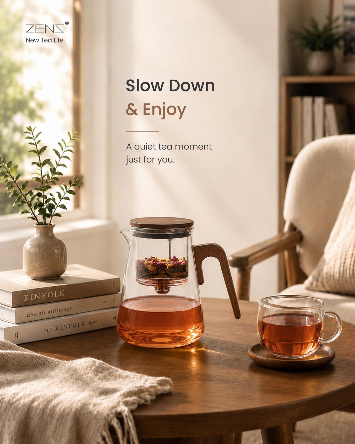 ZENS Magnetic Glass Infuser Teapot for Loose Tea, 27oz Walnut Wood Handle