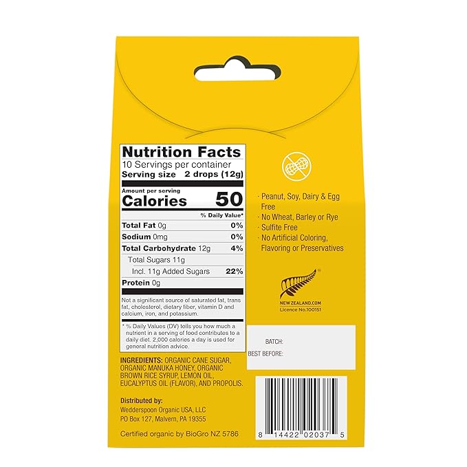 Wedderspoon Organic Manuka Honey Drops, Lemon & Bee Propolis, 20 Count (Pack of 1) | Genuine New