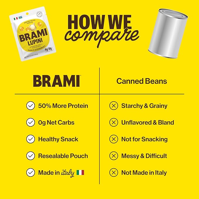 Brami Lupini Beans Snack, Garlic & Rosemary | 7g Plant Protein, 0g Net Carbs | Vegan, Vegetarian