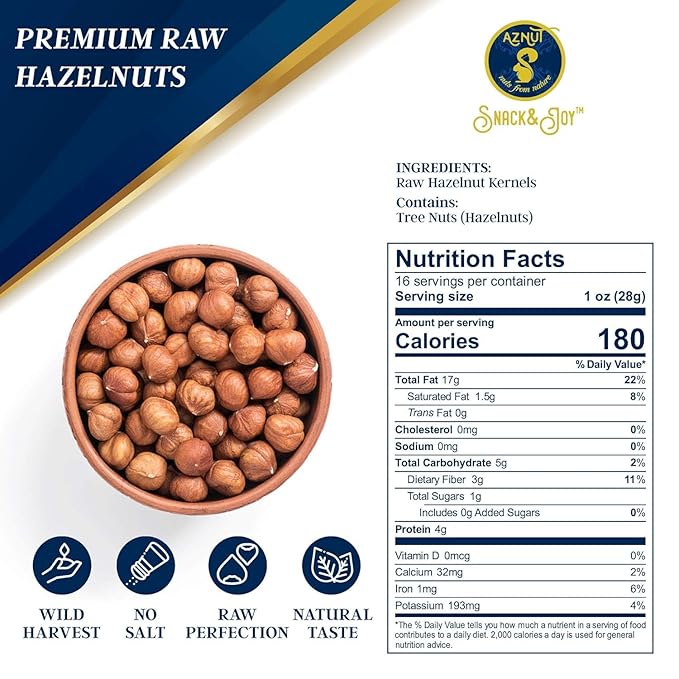 AZNUT Raw Hazelnuts Filbert Nuts, Shelled, Gluten Free, Fresh, Premium Quality 100% Natural Non-GMO