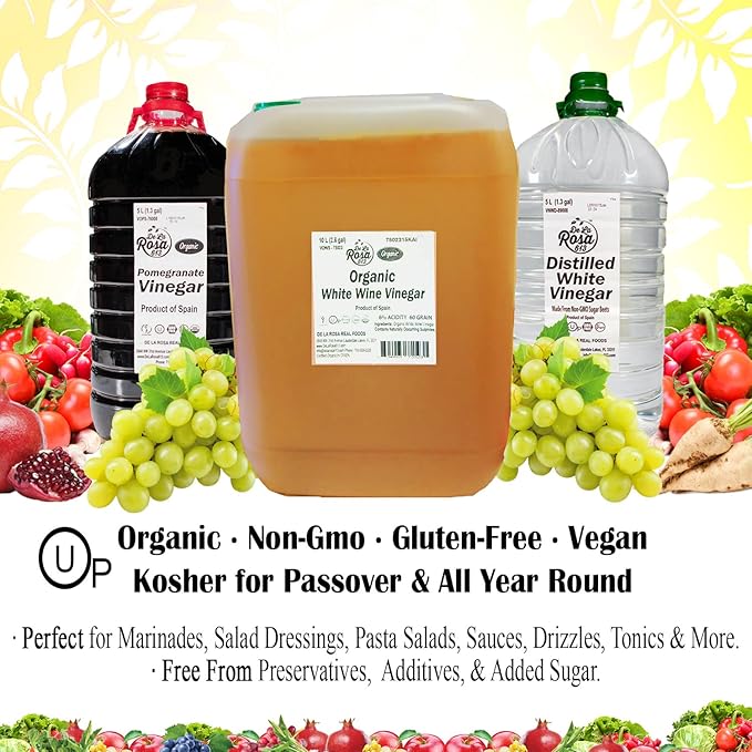 De La Rosa Organic White Wine Vinegar, Raw & Unfiltered, with the “Mother”, Kosher for Passover