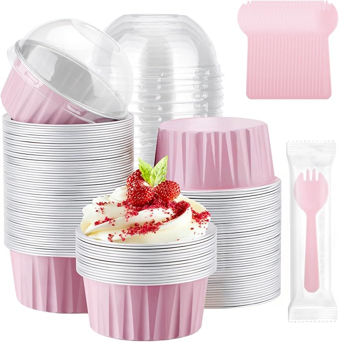 EUSOAR Disposable Ramekins with Lids and Plastic Sporks, 120pcs 5oz Mini Cheesecake Cake Pans