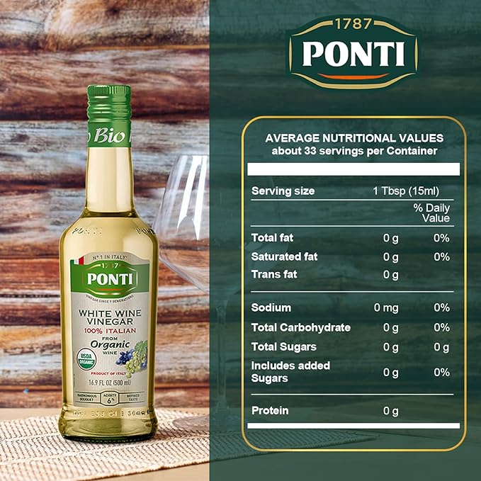 1787 PONTI Organic 100% Italian White Wine Vinegar - Perfected Acidity Levels for Best Harmonic
